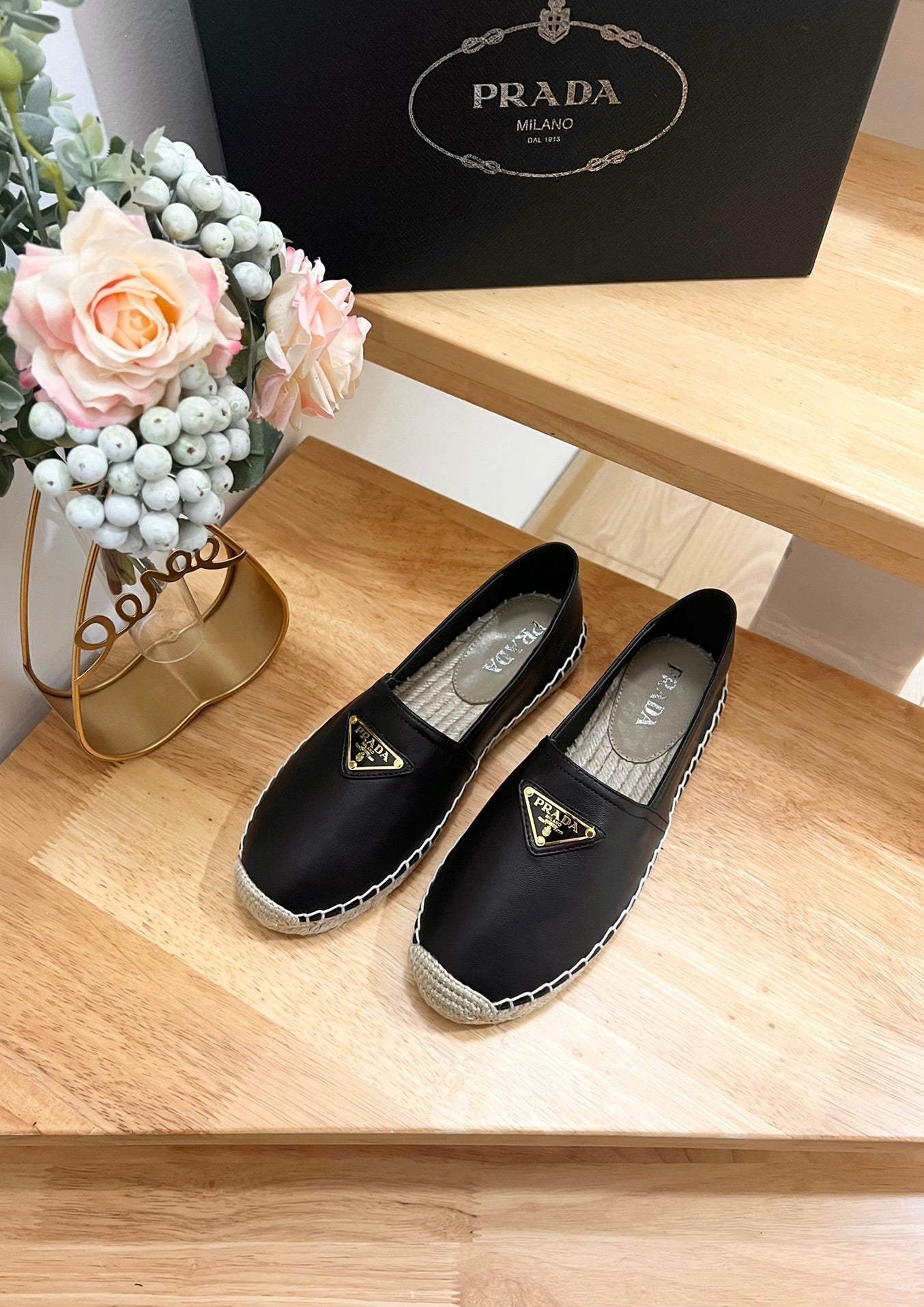 PRADA 26S LOGO ESPADRILLE SLIP ON FLATS IN BLACK CALFSKIN