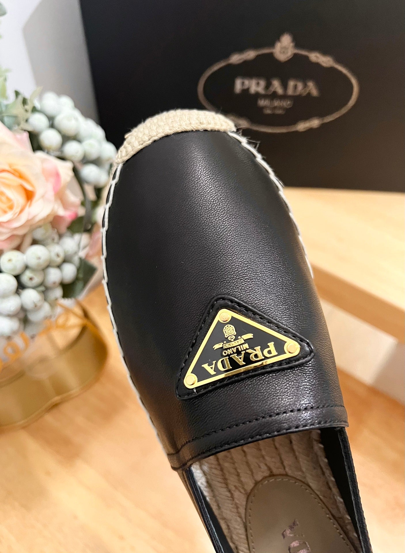 PRADA 26S LOGO ESPADRILLE SLIP ON FLATS IN BLACK CALFSKIN