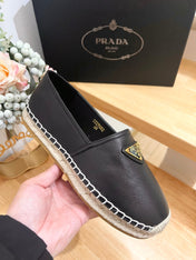 PRADA 26S LOGO ESPADRILLE SLIP ON FLATS IN BLACK CALFSKIN