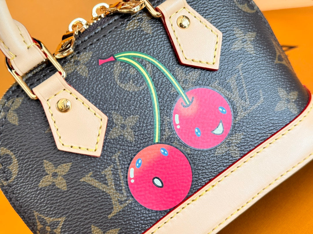 LV 25S NANO ALMA 18 IN DARK BROWN CANVAS MONOGRAM CHERRY PRINT GOLD HARDWARE