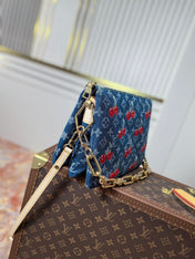 LV 25S COUSSIN BAG 26 IN DARK BLUE DENIM MONOGRAM CHERRY GOLD HARDWARE