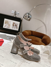 TRÈS VIVIER MARY JANE DOUBLE-STRAP PUMPS IN TAUPE CALFSKIN FULLY EMBELLISHED CRYSTALS
