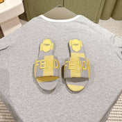 FENDI 26S SLIDE SANDALS IN YELLOW AND GREY CANVAS