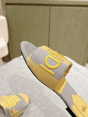 FENDI 26S SLIDE SANDALS IN YELLOW AND GREY CANVAS