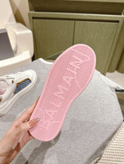 BALMAIN 26S SNEAKERS IN WHITE CALFSKIN AND BLUE CANVAS WITH LIGHT PINK SOLE