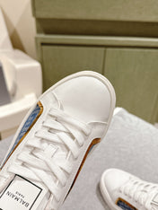 BALMAIN 26S SNEAKERS IN WHITE CALFSKIN AND BLUE CANVAS WITH LIGHT PINK SOLE
