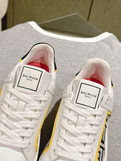 BALMAIN 26S SNEAKERS IN WHITE CALFSKIN AND BEIGE CANVAS