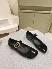 CHLOÉ 26S MARY JANE FLATS IN BLACK GLOSSY CALFSKIN