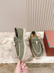LP LOAFERS 25S IN MOSS GREEN SUEDE WITH SILVER HARDWARE