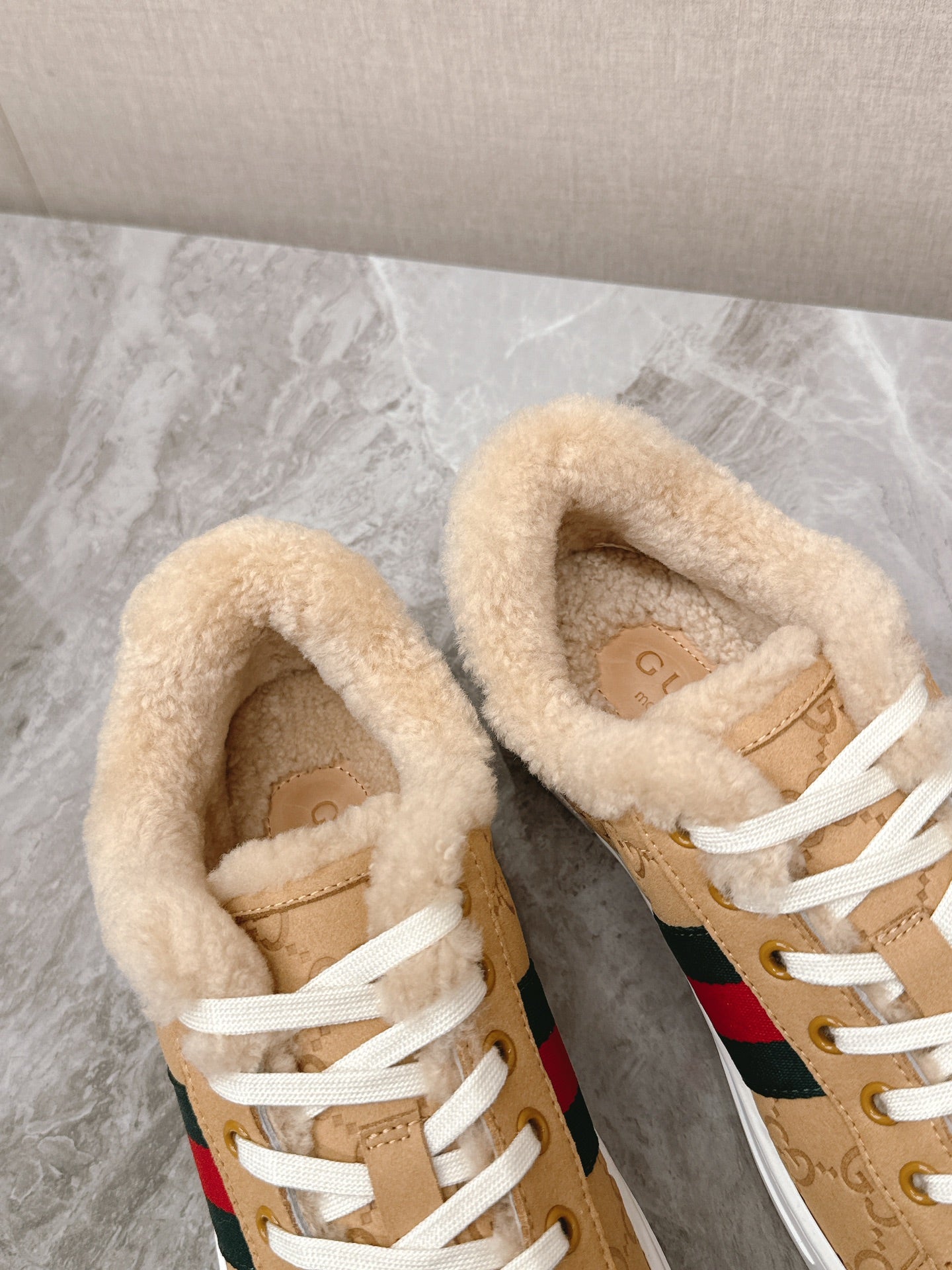 GG ACE SNEAKER WITH WEB IN BEIGE EMBOSSED SUEDE AND WOOL LINING