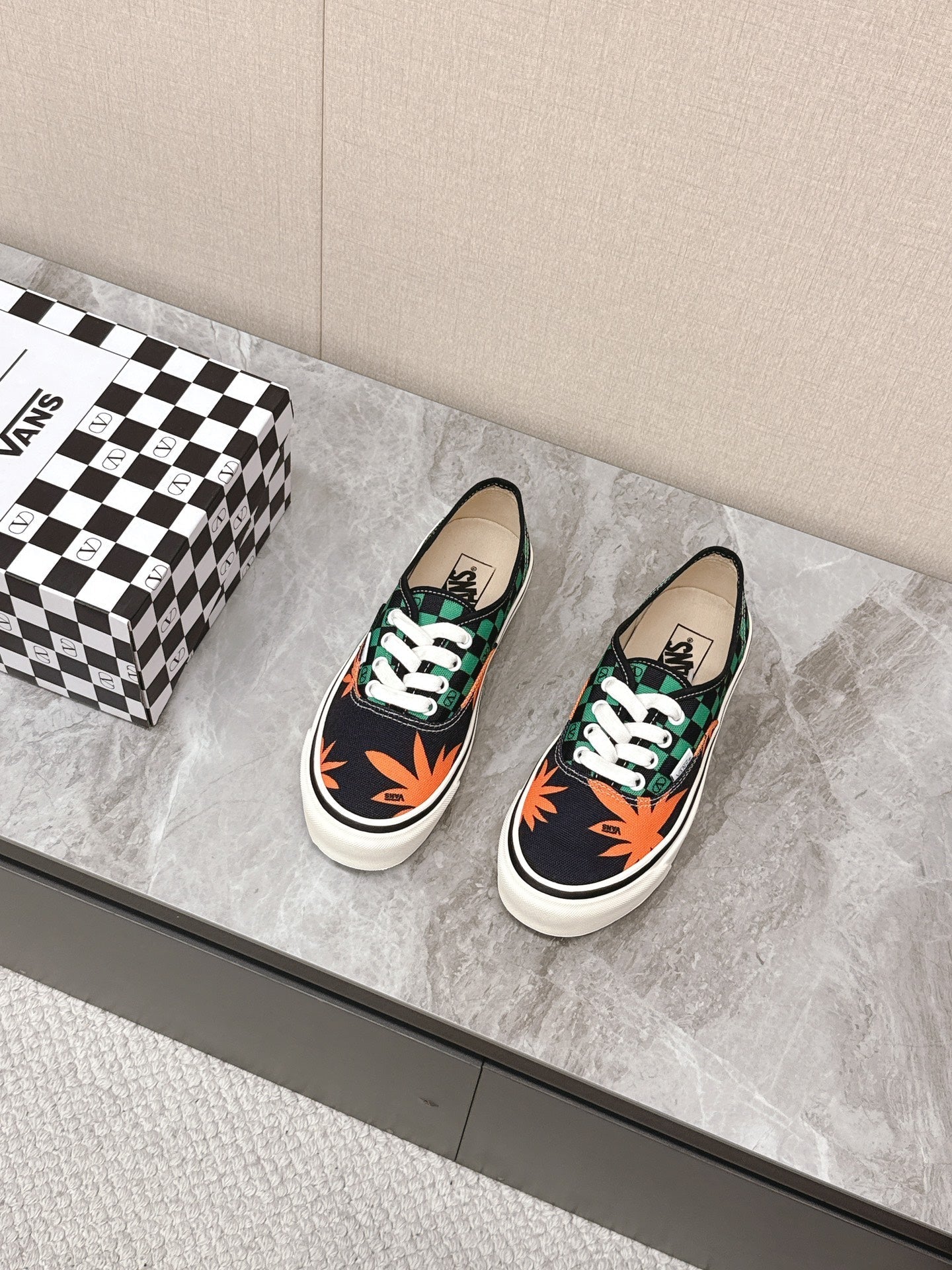 VALENTINO 25S GARAVANI X VANS SNEAKERS IN GREEN MIX BLACK CANVAS