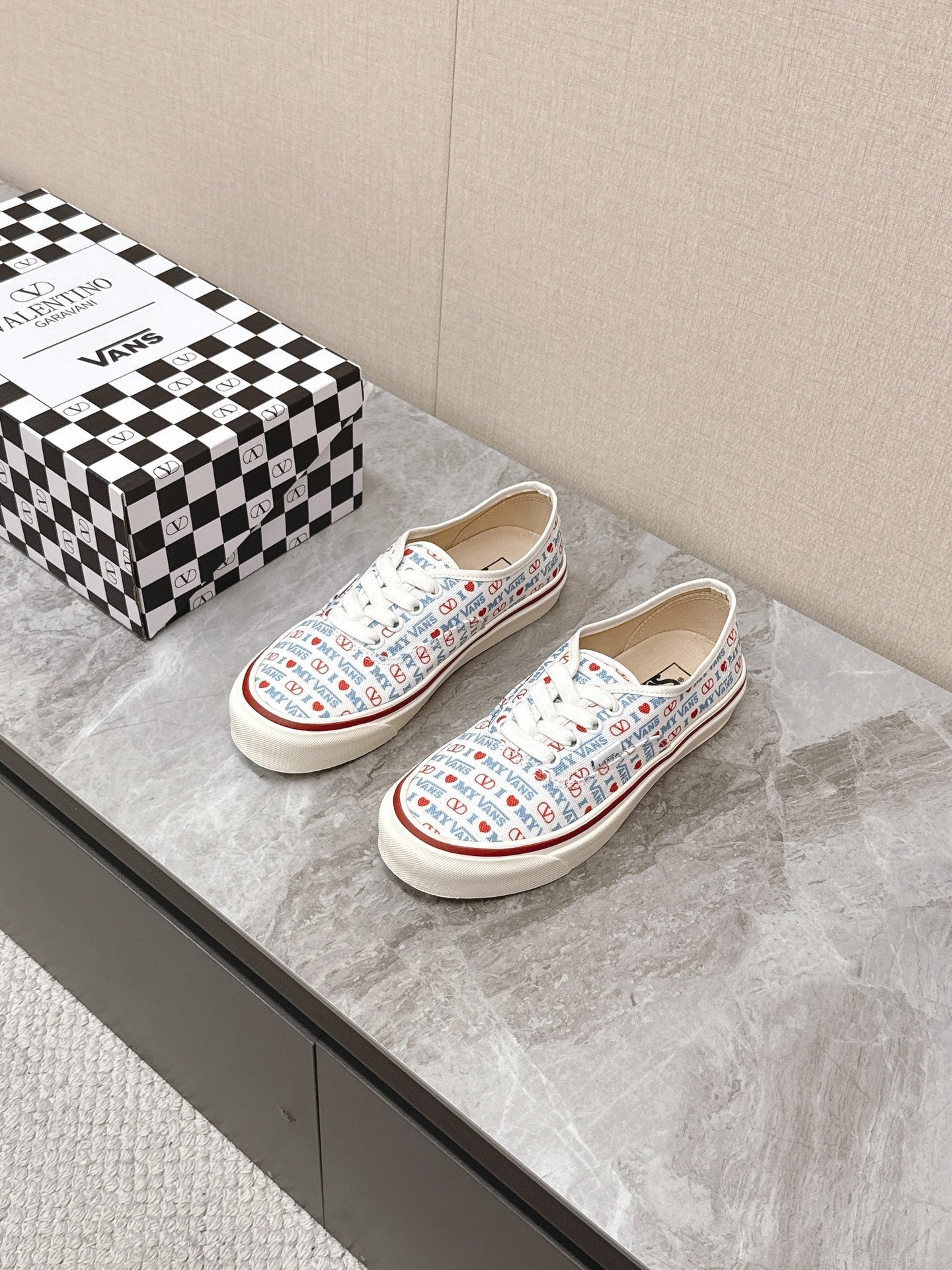 VALENTINO 25S GARAVANI X VANS SNEAKERS IN WHITE MIX BLUE CANVAS