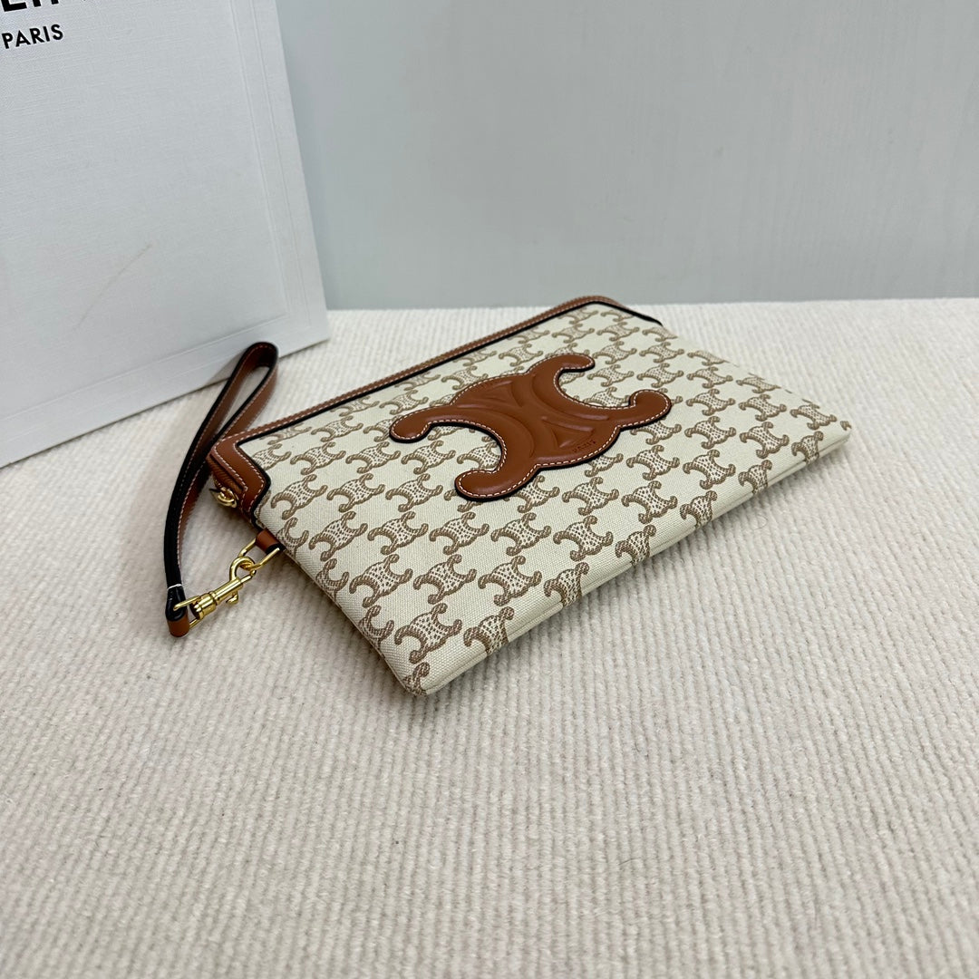 SMALL POUCH 25 IN BEIGE TRIOMPHE TEXTILE AND BROWN CALFSKIN