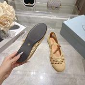 PRADA 26S LOGO PLAQUE MARY JANE FLATS IN BEIGE WOVEN FIBER