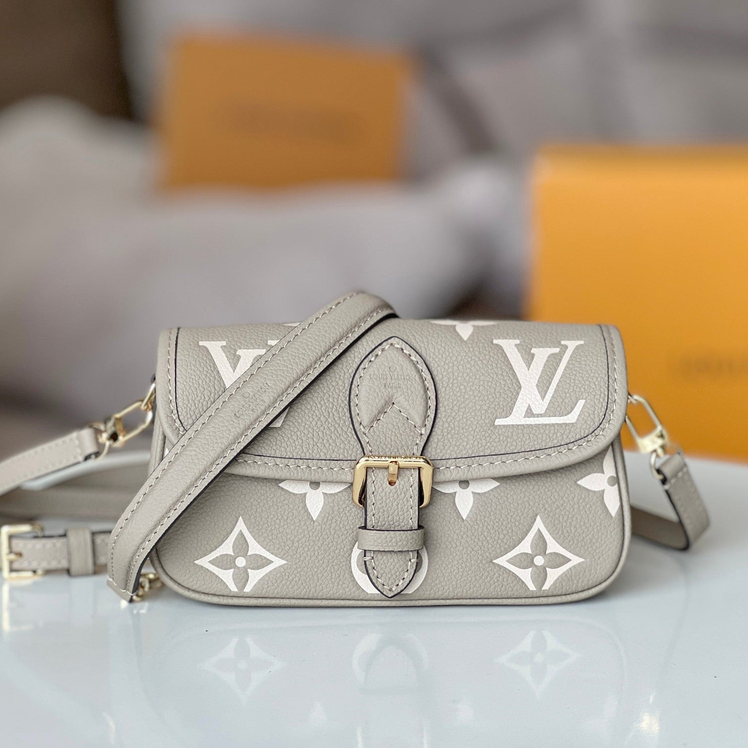 LV 25S MINI NANO DIANE 19 IN TOURTERELLE WHITE MONOGRAM EMPREINTE LEATHER GOLD HARDWARE