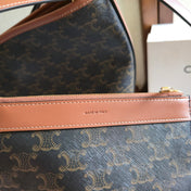 CELINE 25S SOFT SHOPPER BAG 32 IN BLACK TRIOMPHE CANVAS AND BROWN CALFSKIN