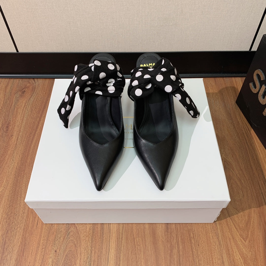 BALMAIN 25S BAKARI MULE WITH MONOCHROME POLKA DOT STRAP 95MM IN BLACK CALFSKIN