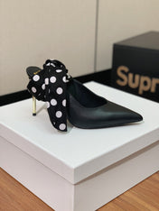 BALMAIN 25S BAKARI MULE WITH MONOCHROME POLKA DOT STRAP 95MM IN BLACK CALFSKIN
