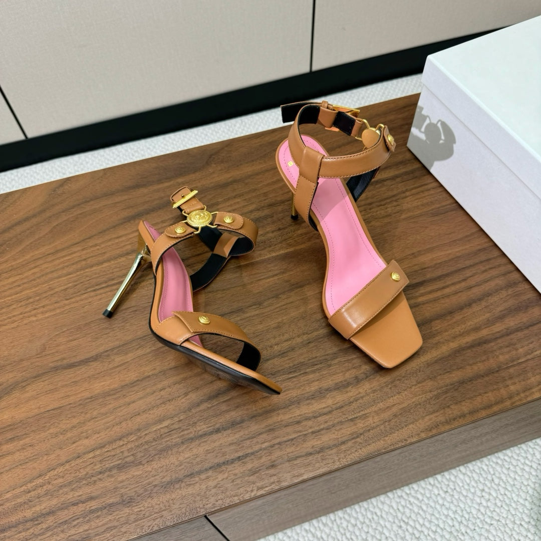 BALMAIN 25S HEELED EVA SANDALS 95MM IN BROWN AND PINK CALFSKIN