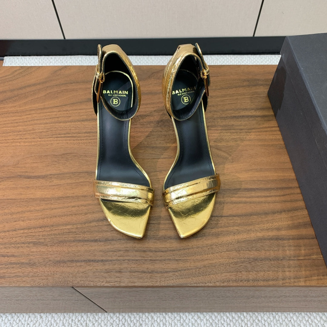 BALMAIN 25S SQUARE STRAP HIGH HEELS 100MM IN GOLD CALFSKIN