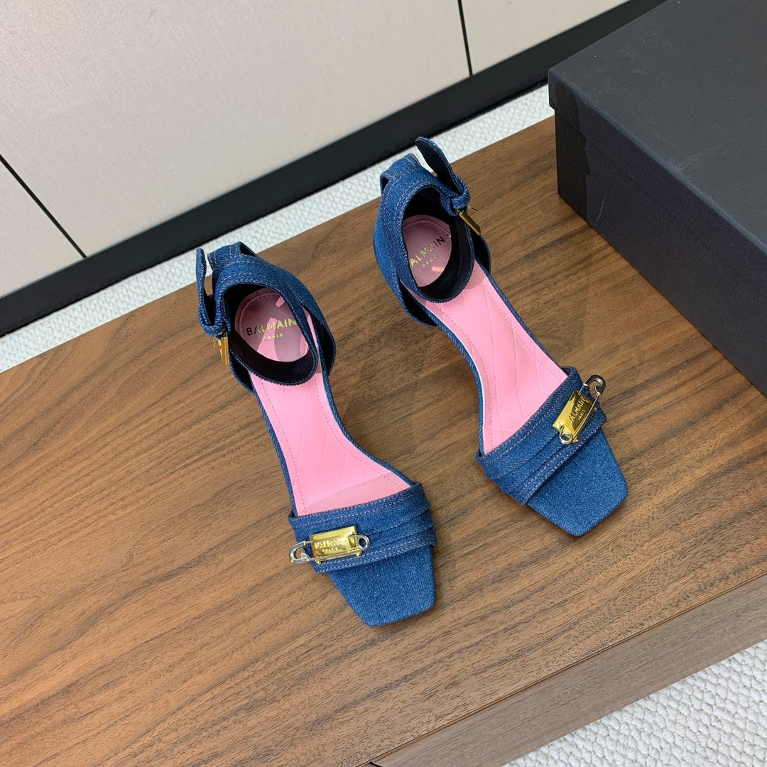 BALMAIN 26S HEELED SANDALS 95 MM IN BLUE DENIM WITH GOLD HARDWARE