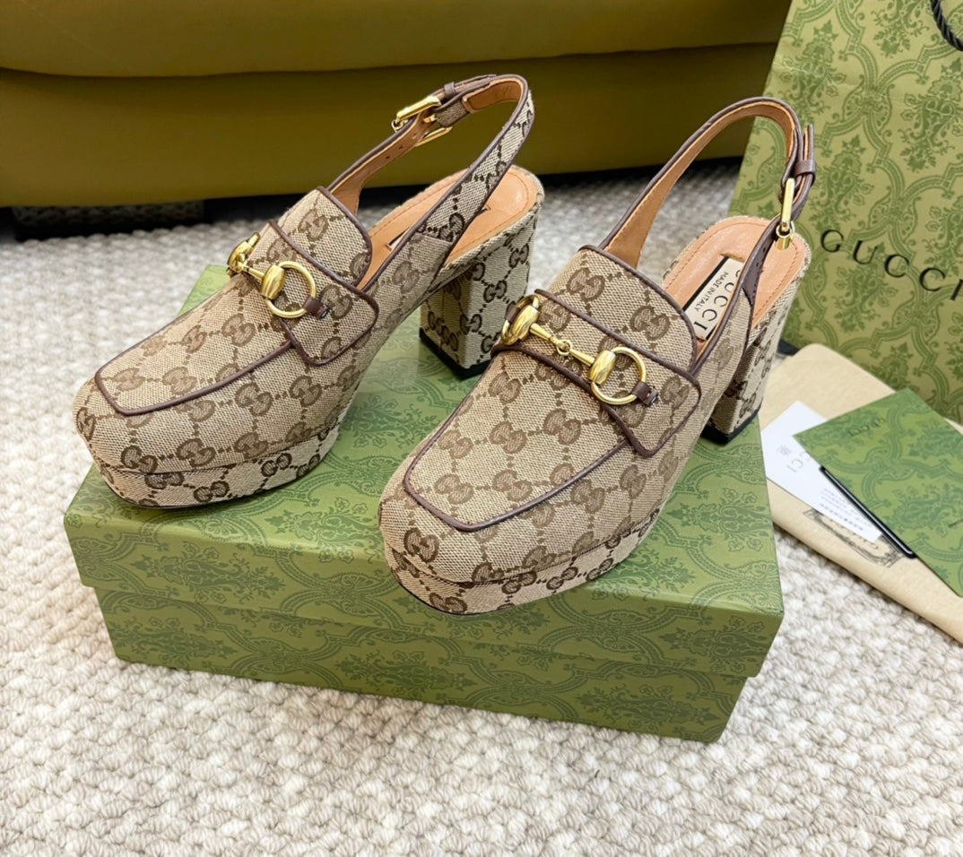 GG HIGH - HEEL SLINGBACK WITH HORSEBIT LIGHT BROWN CALFSKIN