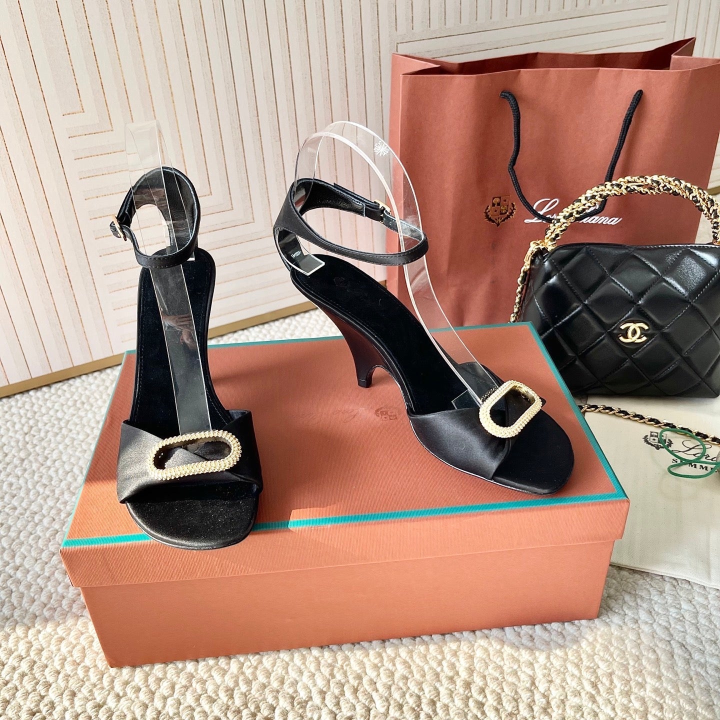 HIGH HEELS SANDALS 80 MM IN BLACK SATIN MIX SUEDUE