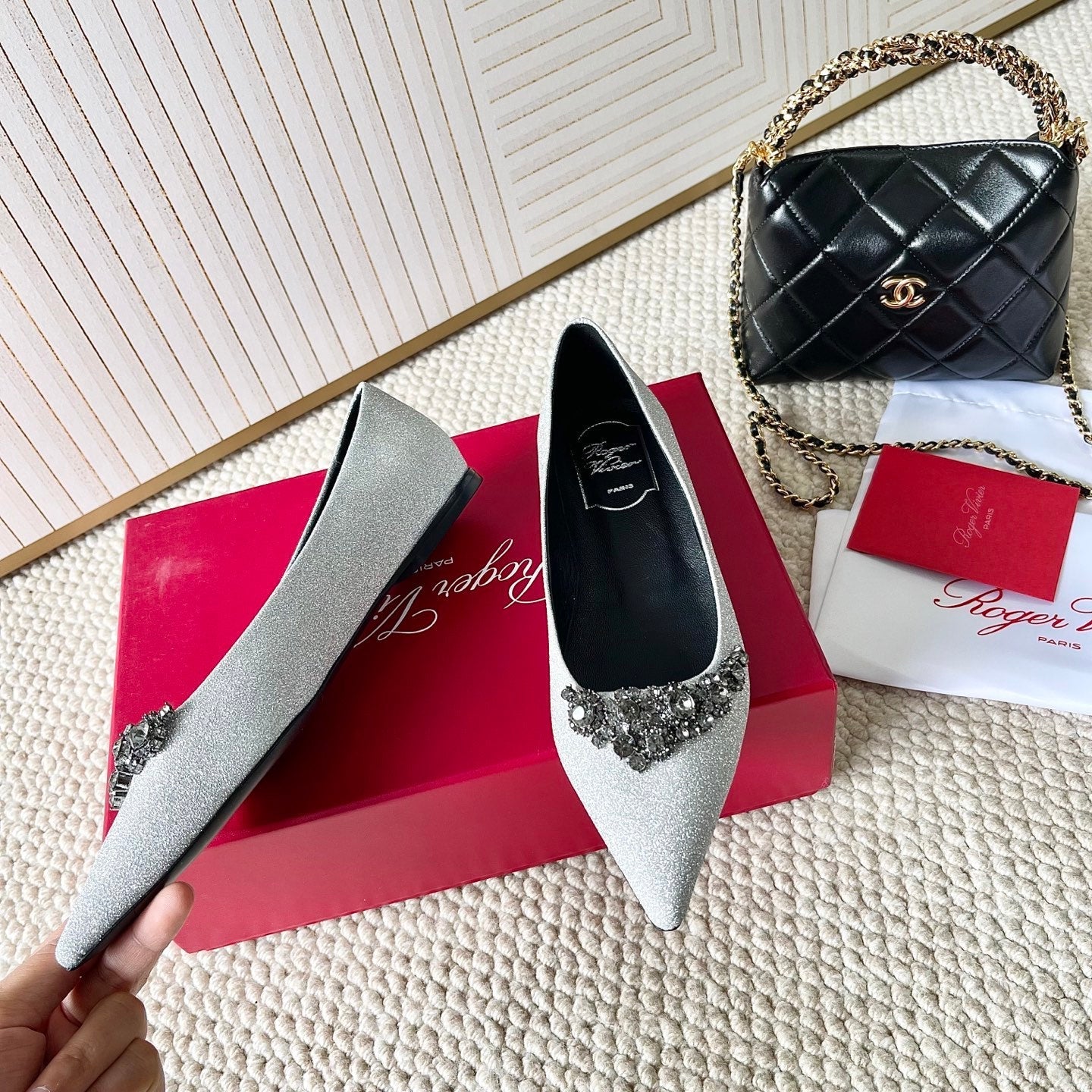 EFFLORESCENCE BALLERINAS IN SILVER GLITTER FABRIC