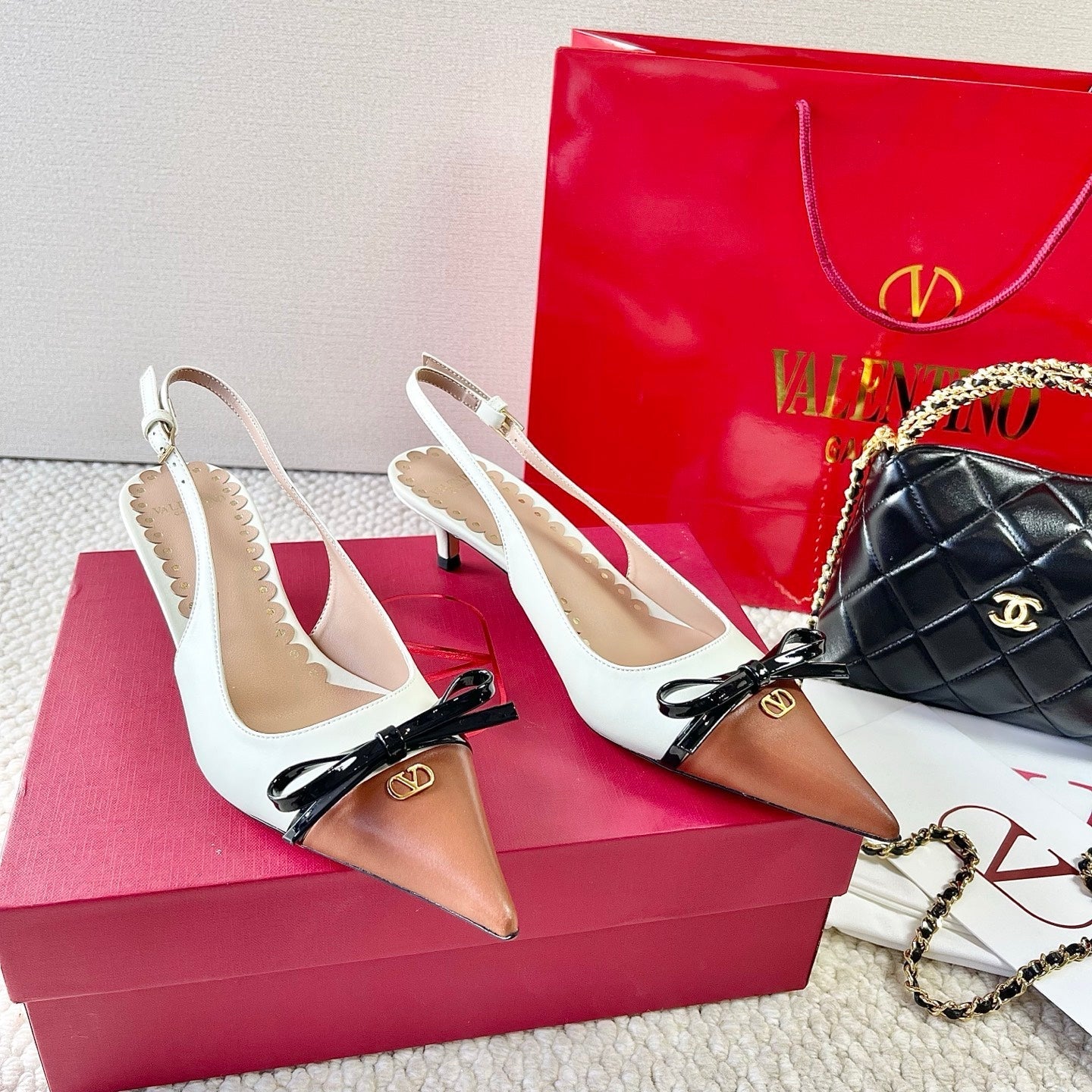 VLTN HIGH SLINGBACK 25S 40 MM IN WHITE MIX BROWN LAMBSKIN WITH BOW
