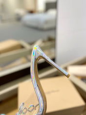 GIANVITO ROSSI 26S HEELED SANDALS 105 MM IN IRIDESCENT SILVER PATENT CALFSKIN WITH BOW