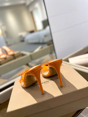 GIANVITO ROSSI 26S HEELED SANDALS 105 MM IN ORANGE PATENT CALFSKIN WITH BOW