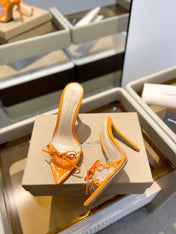 GIANVITO ROSSI 26S HEELED SANDALS 105 MM IN ORANGE PATENT CALFSKIN WITH BOW