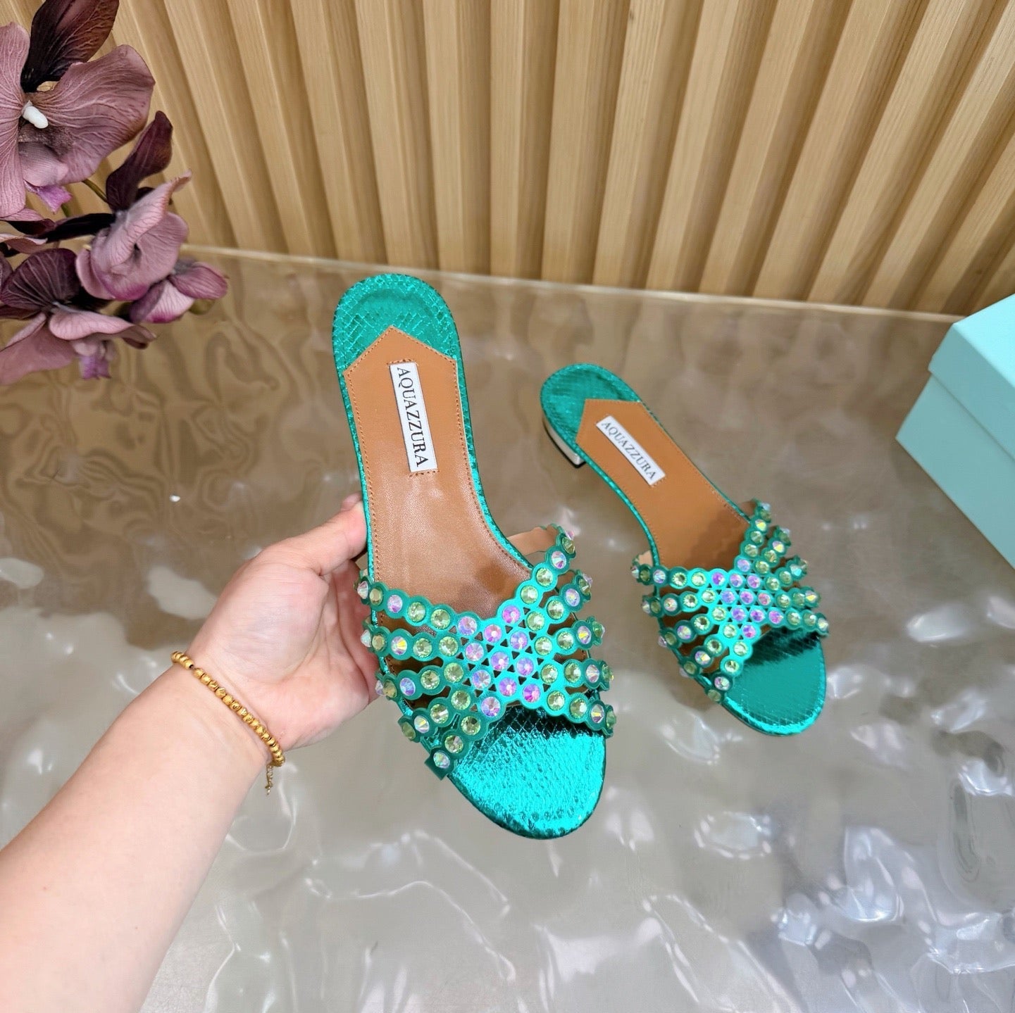 AQUAZZURA 26S SLIDES IN EMERALD GREEN SNAKESKIN EMBOSSED LEATHER