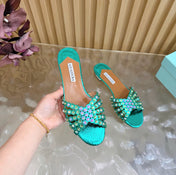 AQUAZZURA 26S SLIDES IN EMERALD GREEN SNAKESKIN EMBOSSED LEATHER