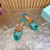 AQUAZZURA 26S SLIDES IN EMERALD GREEN SNAKESKIN EMBOSSED LEATHER