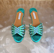 AQUAZZURA 26S SLIDES IN EMERALD GREEN SNAKESKIN EMBOSSED LEATHER