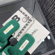 CHANEL 26S SLIDE SANDALS IN GREEN AND WHITE SHEARLING SQUARE TOE