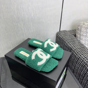 CHANEL 26S SLIDE SANDALS IN GREEN AND WHITE SHEARLING SQUARE TOE