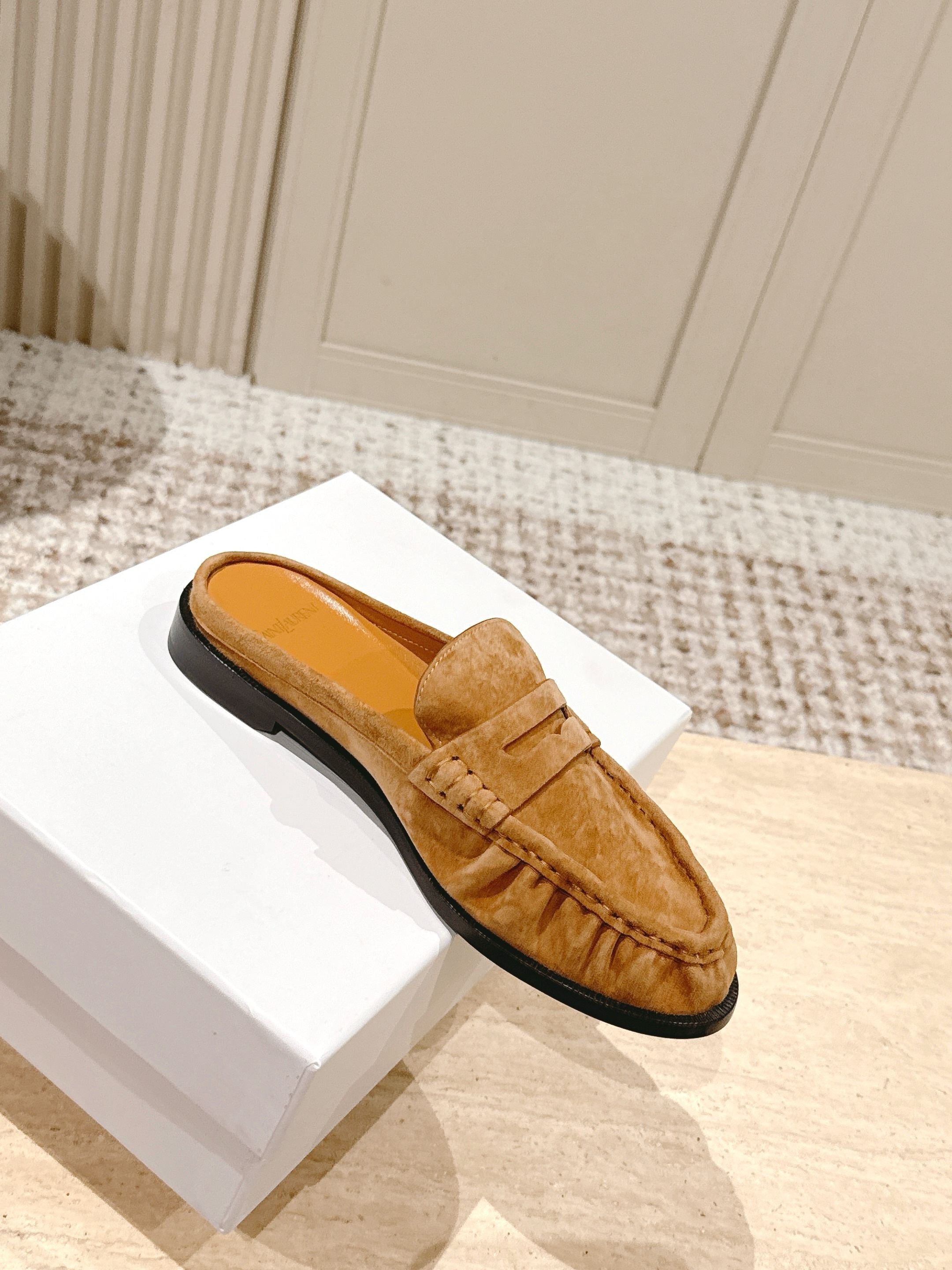 YSL 25S LOAFER MULE IN CARAMEL SUEDE