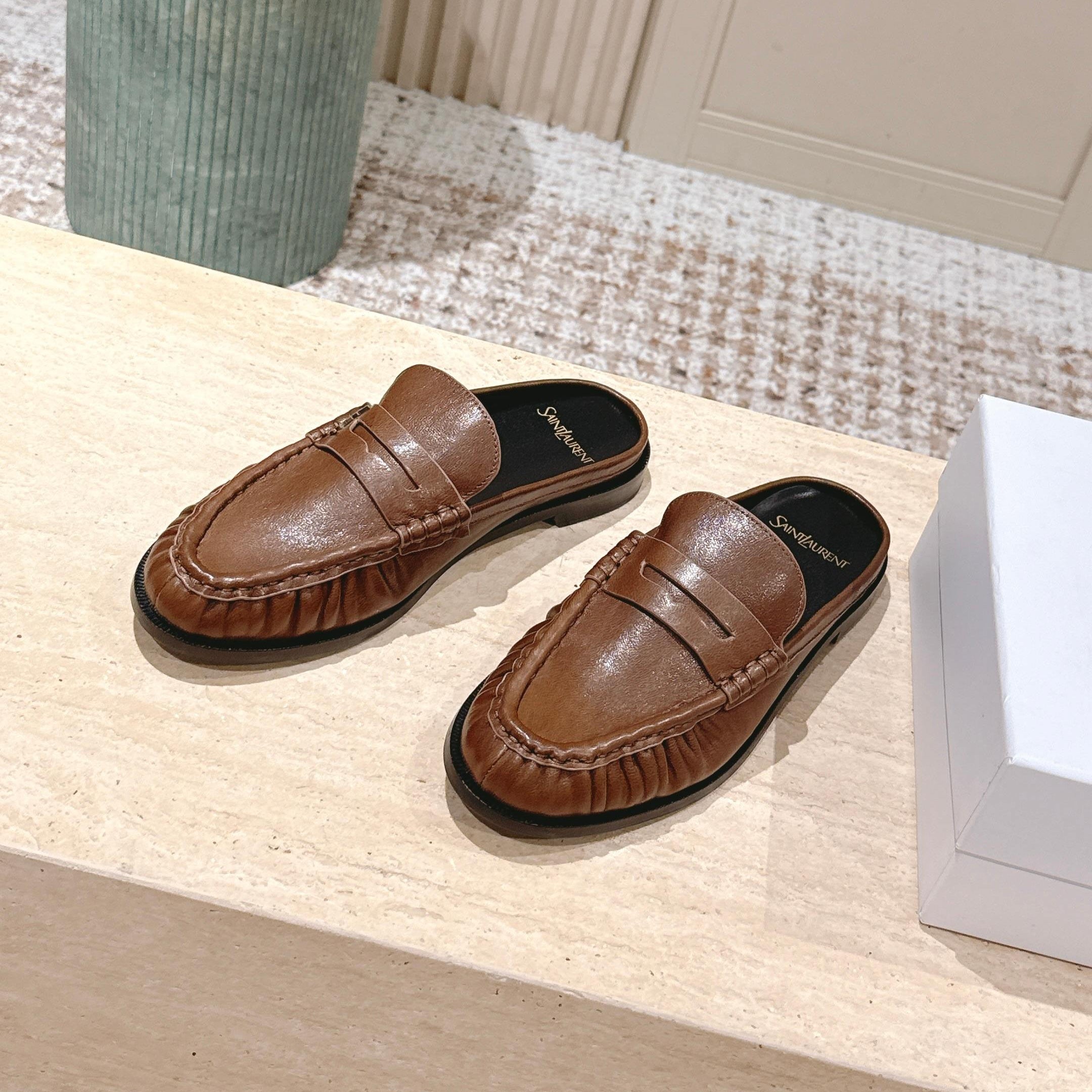 YSL 25S LOAFER MULE IN BROWN CALFSKIN