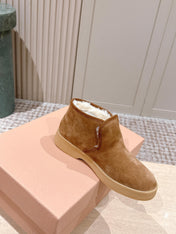 MIUMIU 25S SLIP-ON BOOTIES IN LIGHT BROWN SUEDE WITH FAUX SHEARLING