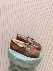 MIUMIU 25S BOAT SHOES IN SIENNA BROWN BLEACHED CALFSKIN WITH SHEARLING
