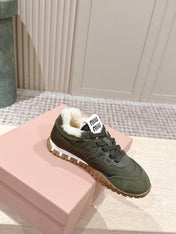 MIUMIU 25S SNEAKERS IN LODEN GREEN TYRE TECHNICAL FABRIC AND SUEDE SHEARLING