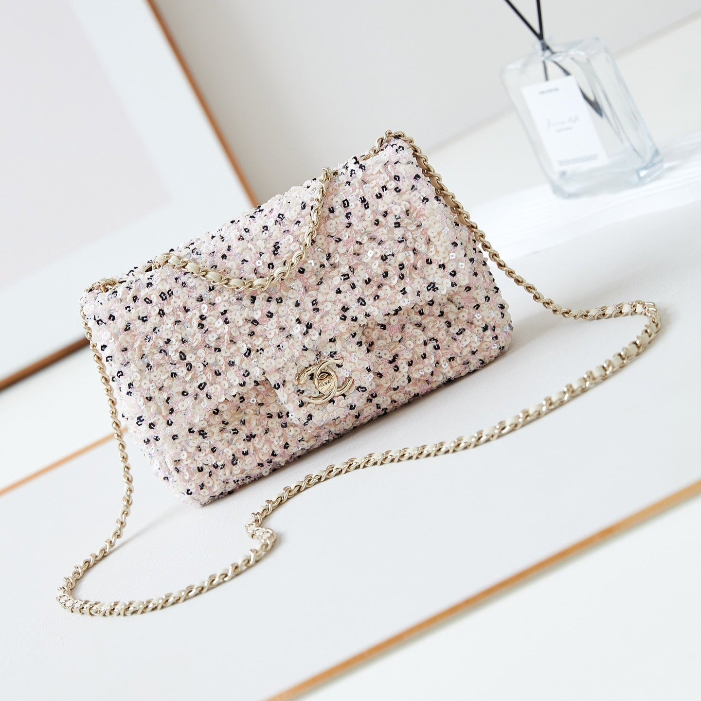 CHANEL 25S FLAP BAG 20 IN LIGHT PINK MIX BLACK SEQUINS