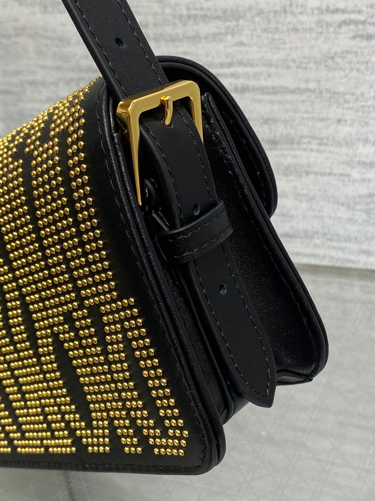 MINI FLAP BAG 18 IN BLACK LAMBSKIN WITH GOLD RHINSTONES