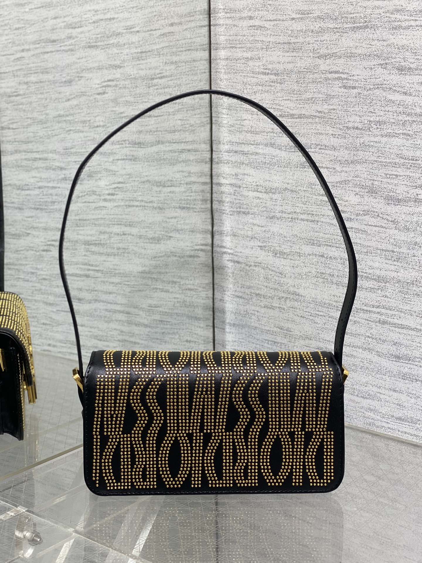 MINI FLAP BAG 18 IN BLACK LAMBSKIN WITH GOLD RHINSTONES