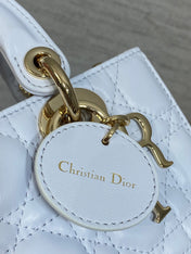 DIOR 25S SMALL LADY D‑JOY BAG 19 IN LIGHT BLUE CANNAGE CALFSKIN GOLD HARDWARE
