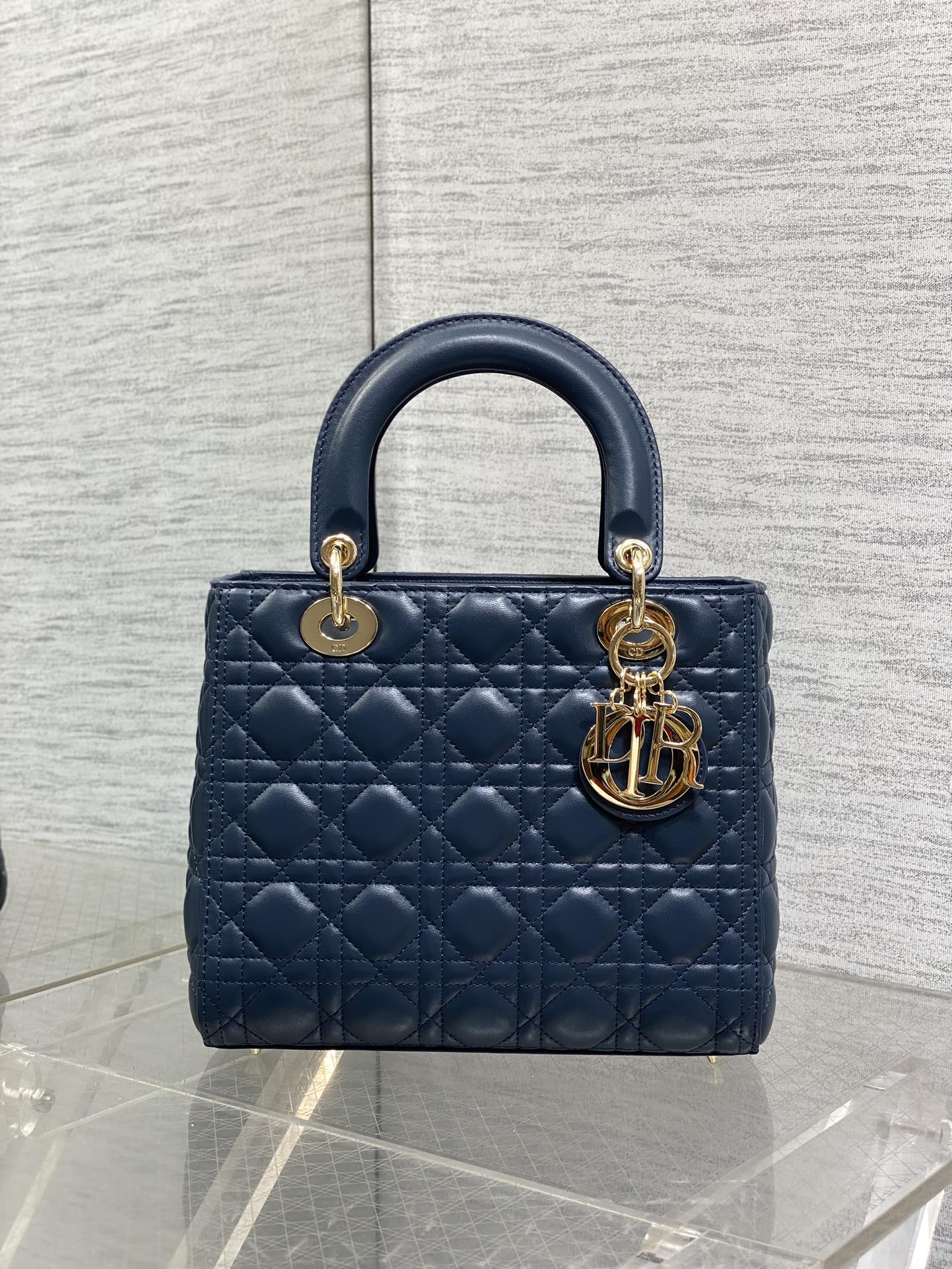 DIOR 25S MEDIUM LADY BAG 24 IN DEEP OCEAN BLUE CALFSKIN GOLD HARDWRE