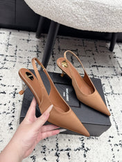 YSL 26S SLINGBACK PUMPS 60 MM IN CAMEL BROWN SATIN