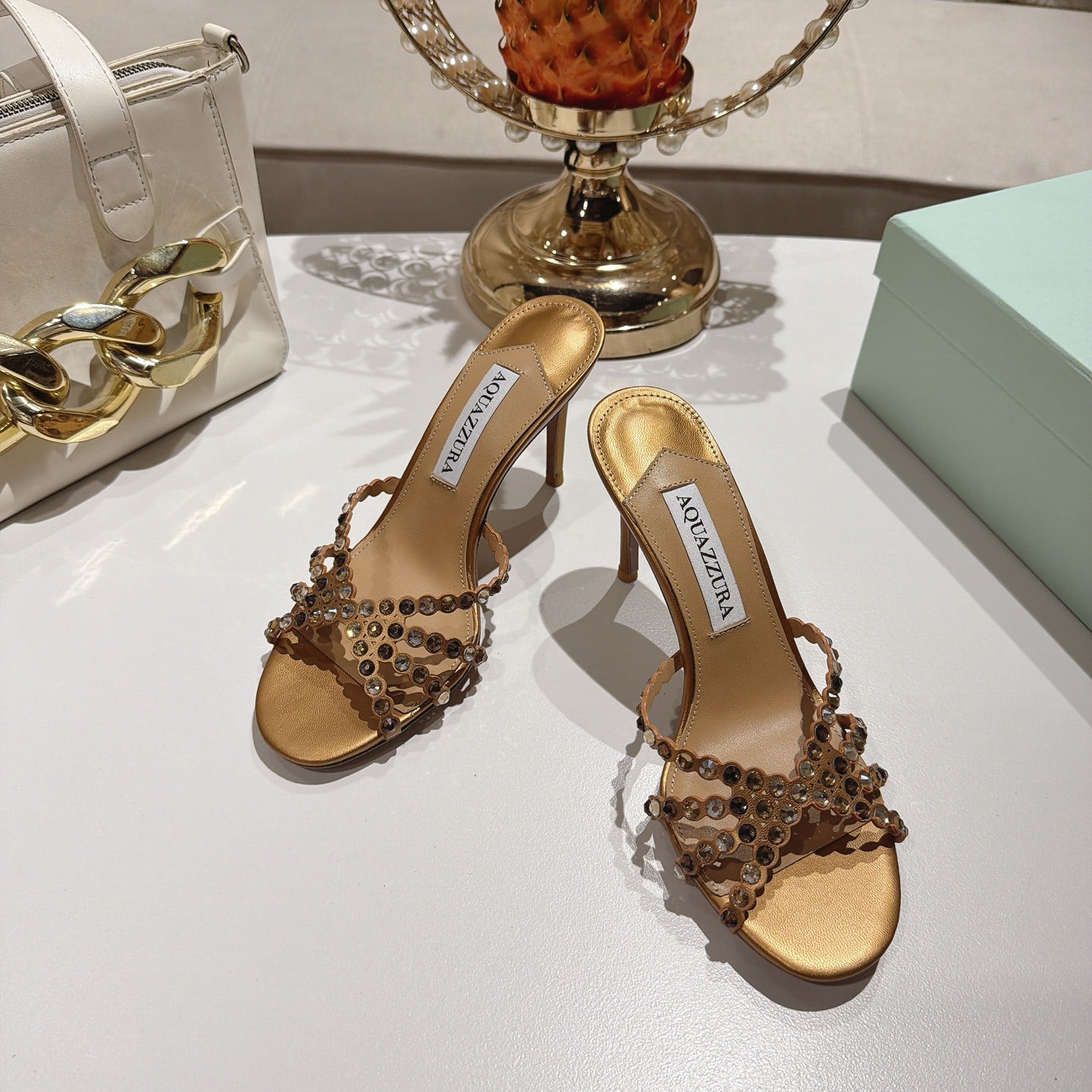 AQUAZZURA 26S HIGH-HEEL SANDALS 85 MM IN METALLIC GOLD CALFSKIN